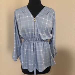 Light Blue Plaid Drawstring Waist Zip-Front Tunic